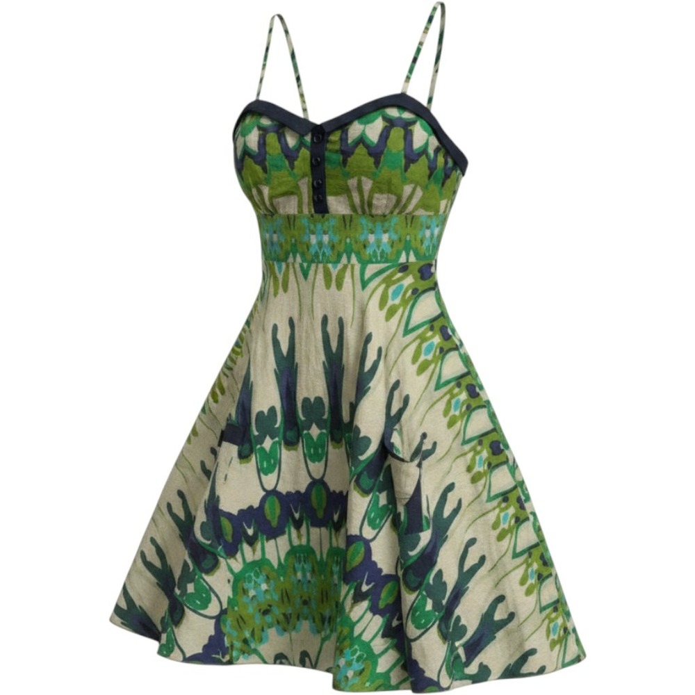 Aryeh Green Blue Abstract Print Sun Dress Sleeveless Sweetheart Neck Small